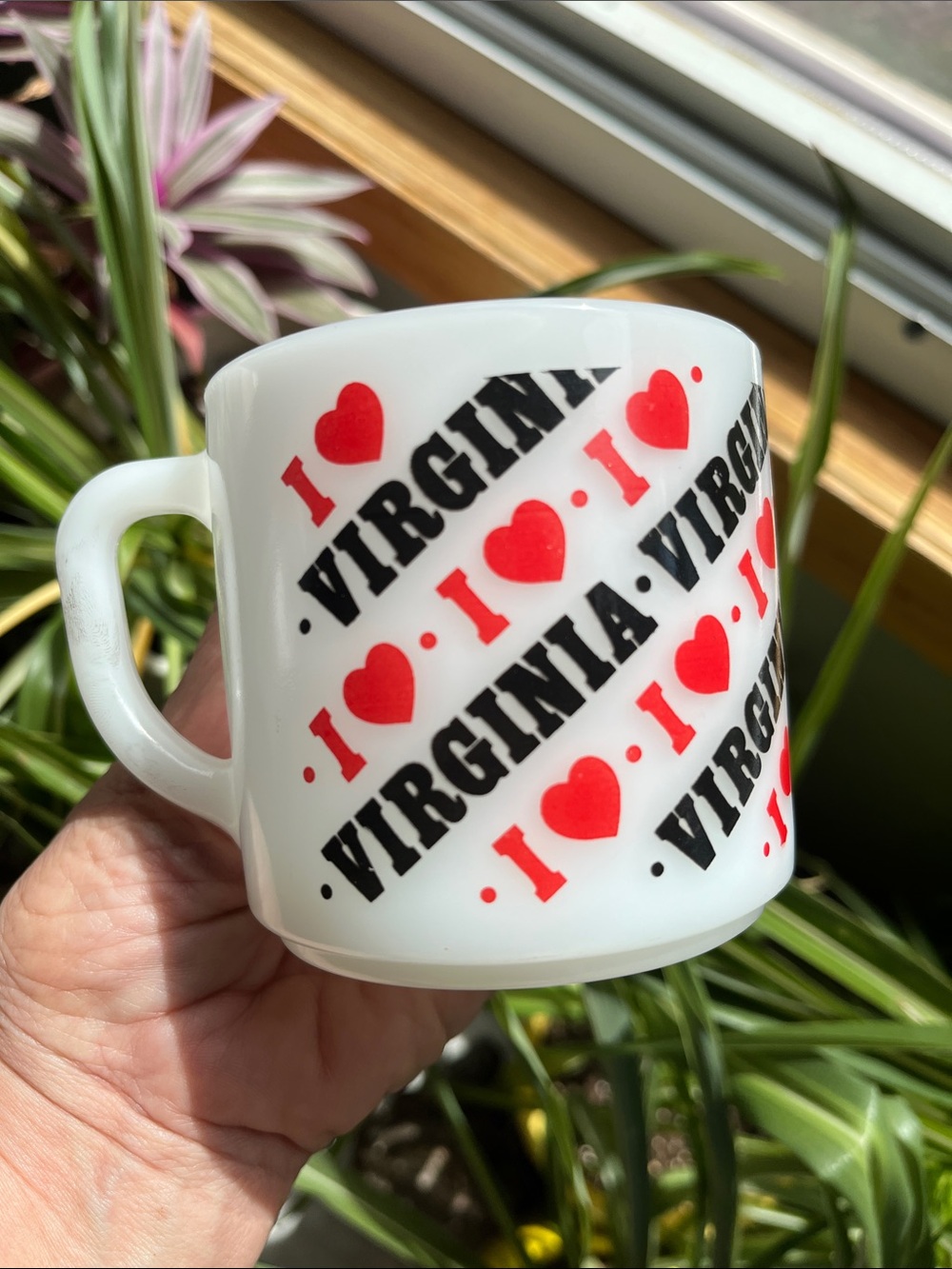 Vtg Federal Milk Glass Coffee Mug Cup ‘I Heart Virginia’ Travel Souvenir MCM